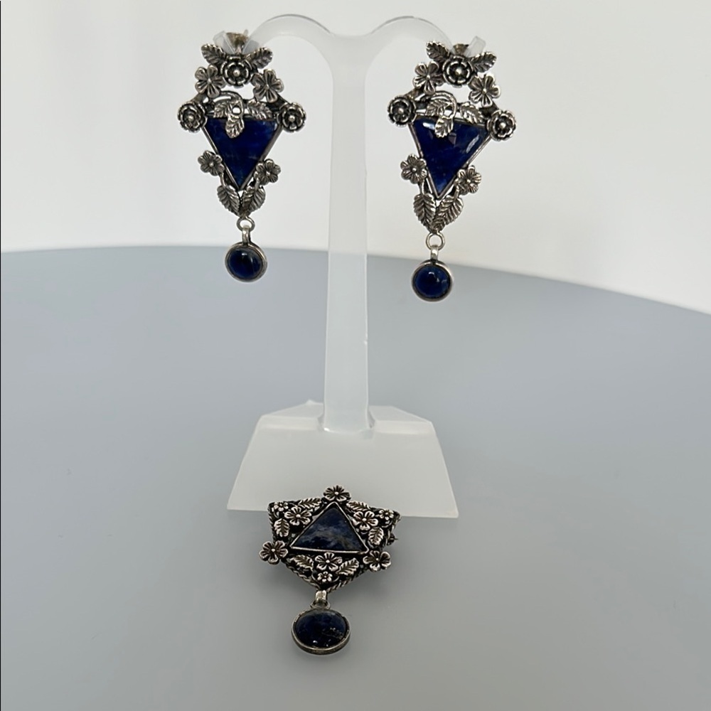 Antigua 925 Silver earrings and 1 brooch 3 Pieces and Blue lapis stone